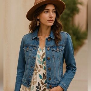 Love‎ Fire Jacket Small Denim Medium Wash Stretch HiLo Tail Pockets Distressed